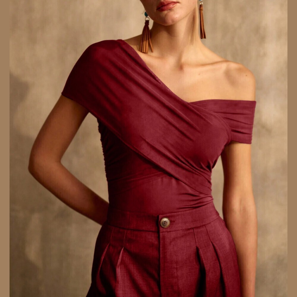 Burgundy Knit Draped Asymmetric One Shoulder Fitted Top